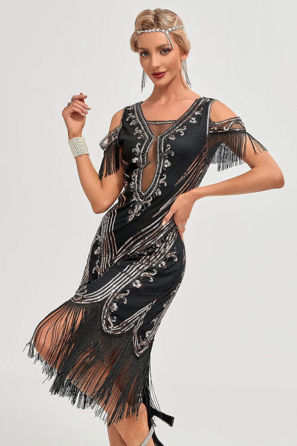 Glitter Black Sequins Fringes 1920s Gatsby Dress with Accessories Set sold by Zapaka product image thumbnail 5