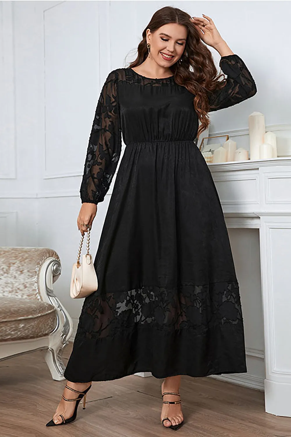 Black Plus Size Long Sleeves Round Neck Summer Dress sold by Zapaka product image thumbnail 3
