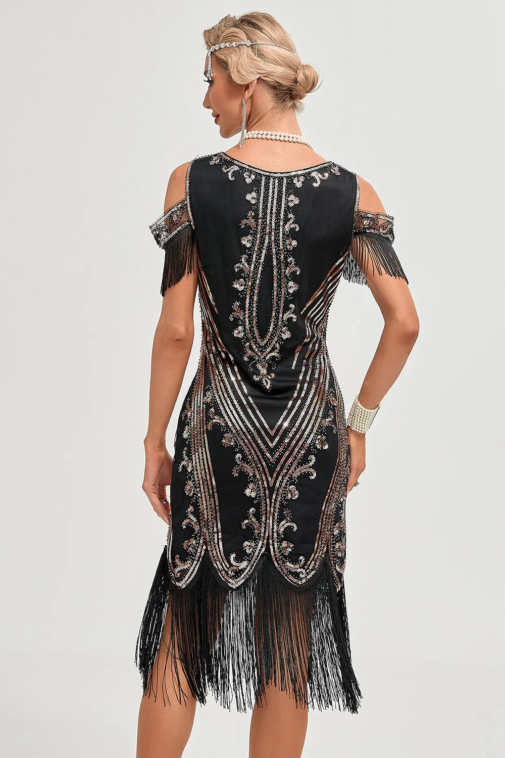 Glitter Black Sequins Fringes 1920s Gatsby Dress with Accessories Set sold by Zapaka product image thumbnail 2