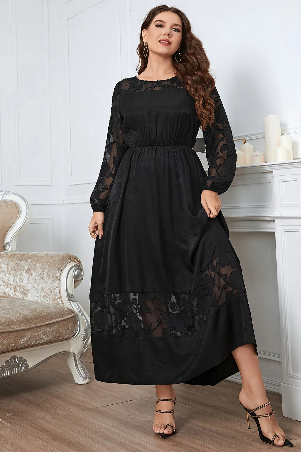 Black Plus Size Long Sleeves Round Neck Summer Dress sold by Zapaka product image thumbnail 4