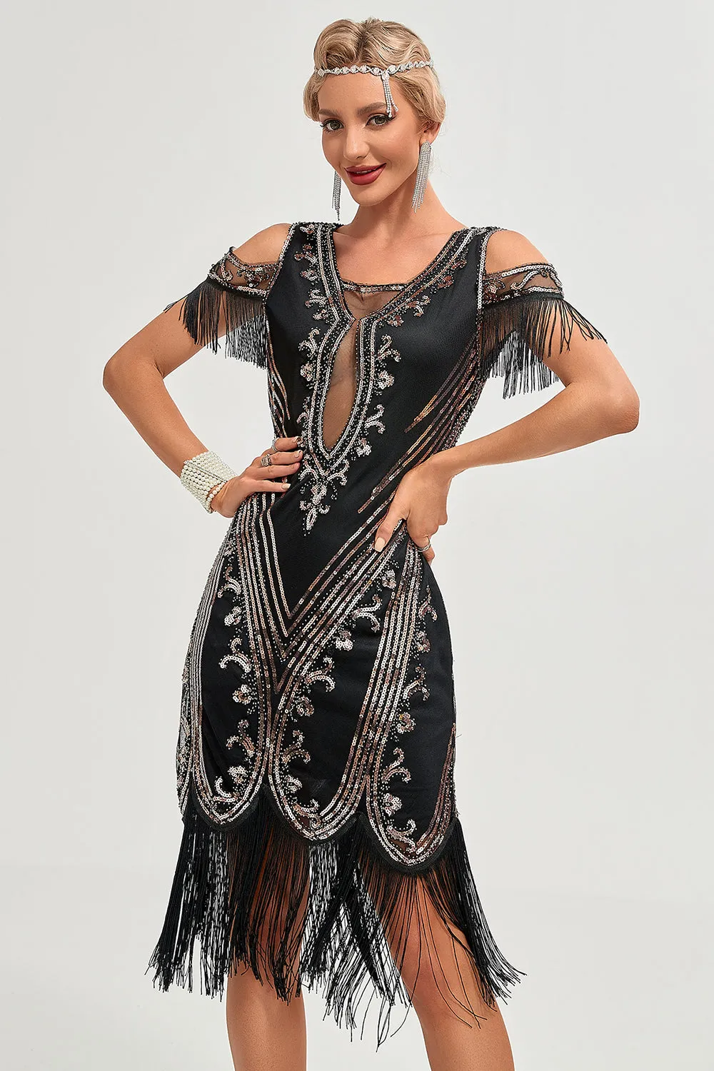 Glitter Black Sequins Fringes 1920s Gatsby Dress with Accessories Set sold by Zapaka product image thumbnail 4