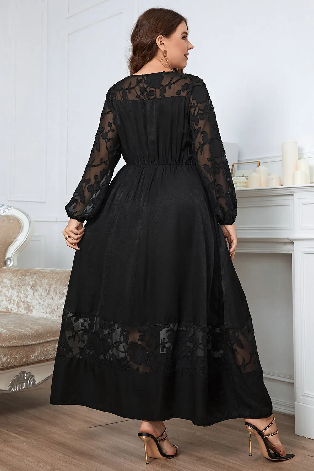 Black Plus Size Long Sleeves Round Neck Summer Dress sold by Zapaka product image thumbnail 2
