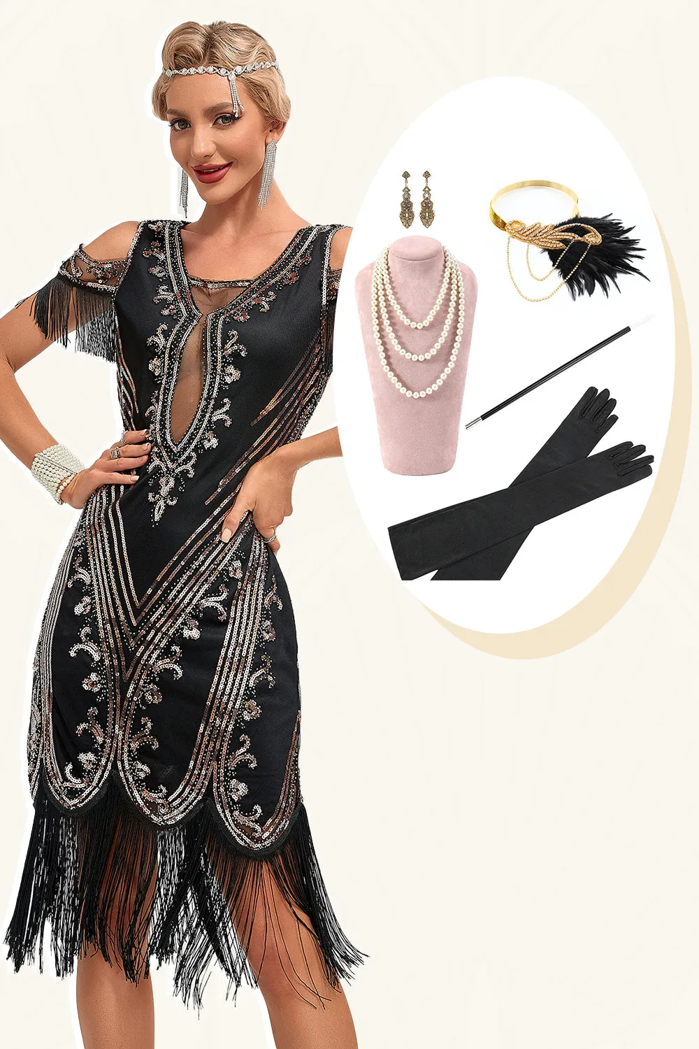 Glitter Black Sequins Fringes 1920s Gatsby Dress with Accessories Set sold by Zapaka