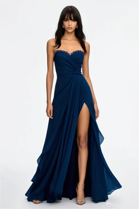 Royal Blue Strapless Sequins Long Prom Dress with Slit sold by Zapaka