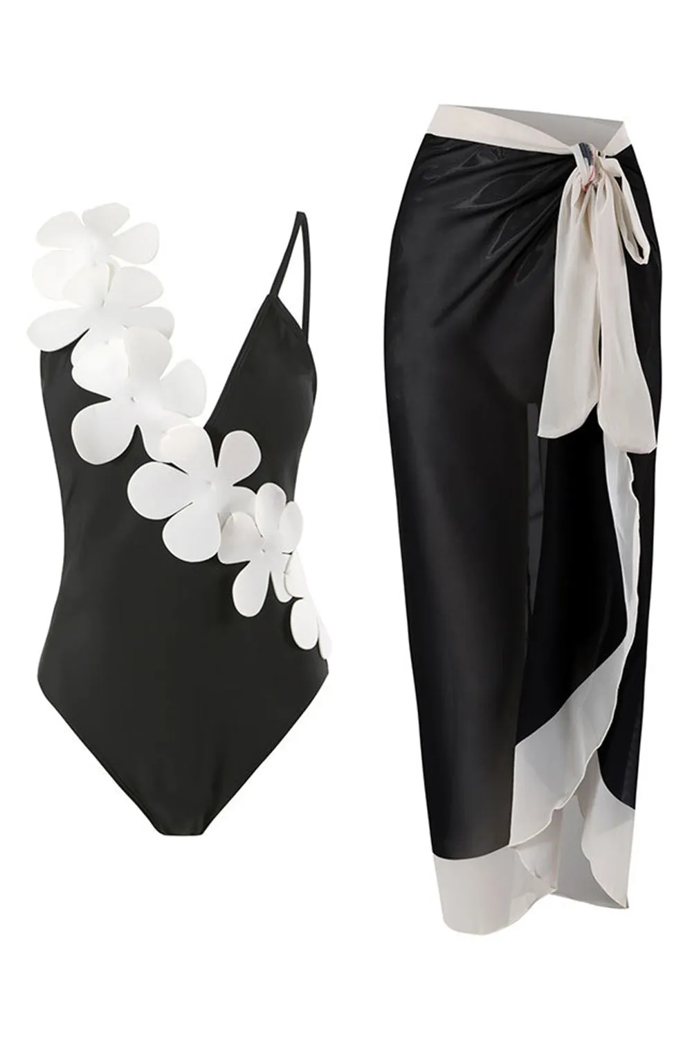 Black White One Piece V Neck Beach Swimwear with 3D Flowers sold by Zapaka