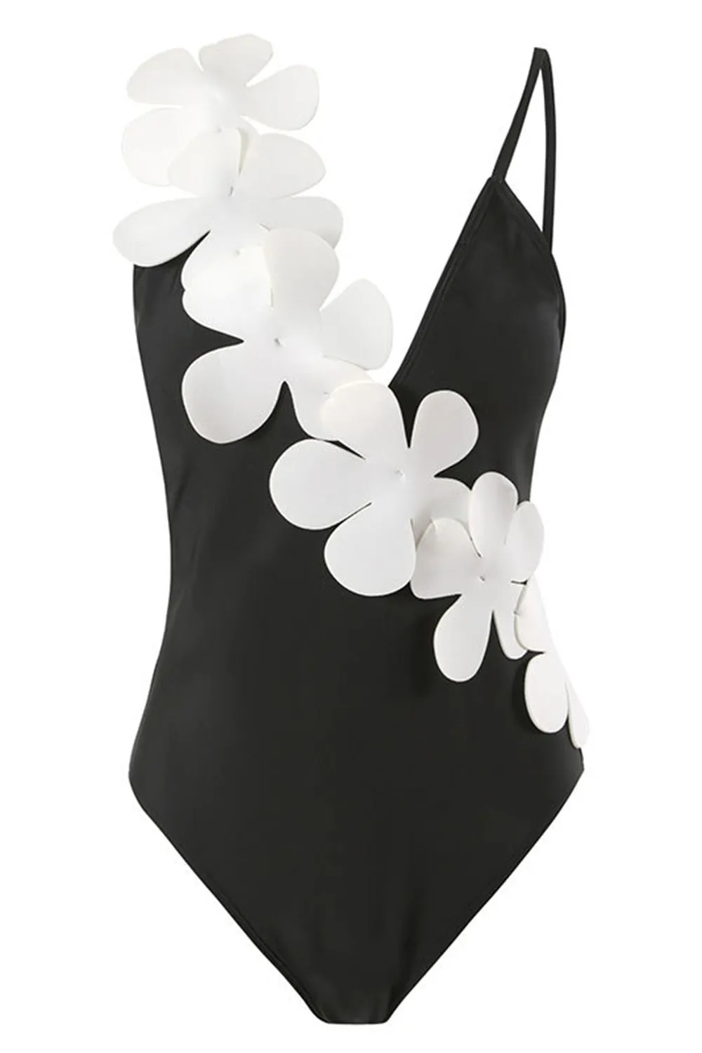 Black White One Piece V Neck Beach Swimwear with 3D Flowers sold by Zapaka product image thumbnail 2