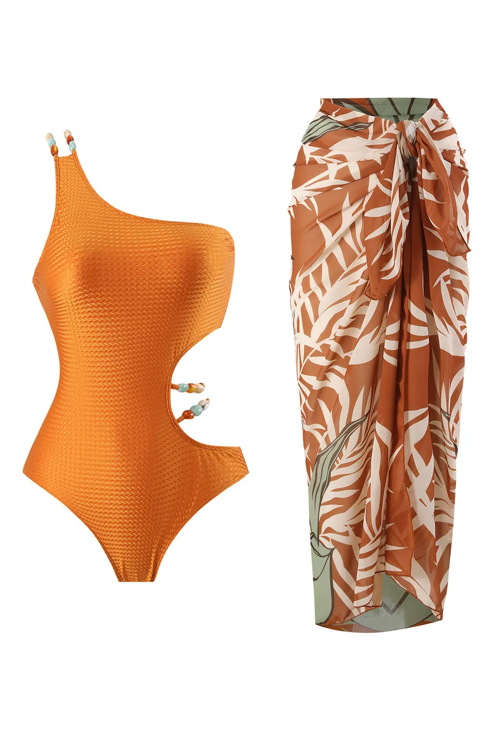Orange One Piece Cut Out Printed Beach Swimwear sold by Zapaka