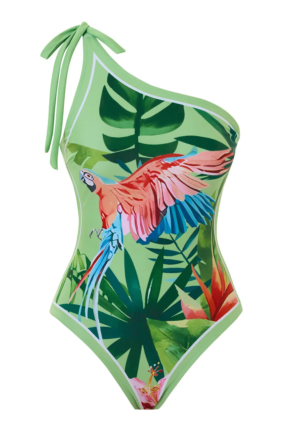 Green Tropical Print One Shoulder Swimsuit sold by Zapaka