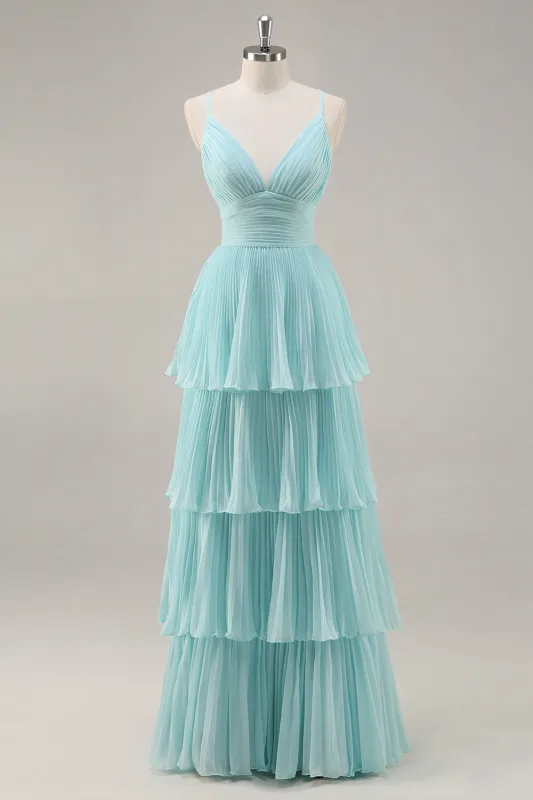 Green Chiffon A-Line V-Neck Tiered Long Pleated Prom Dress sold by Zapaka