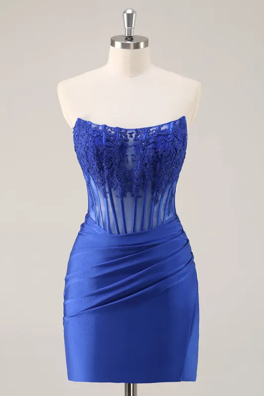 Royal Blue Bodycon Strapless Corset Beaded Short Homecoming Dress sold by Zapaka