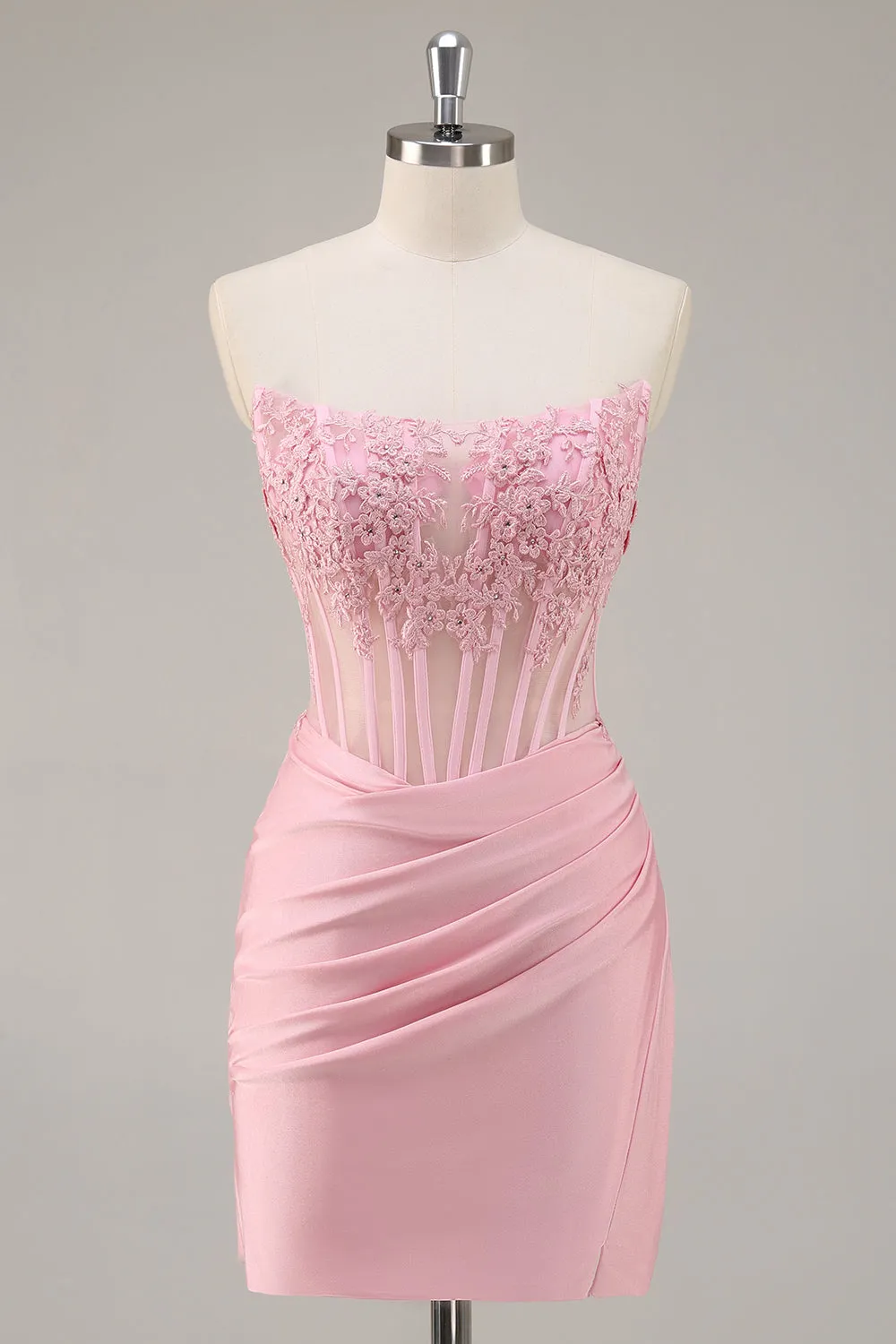 Pink Strapless Corset Beaded Short Tight Homecoming Dress sold by Zapaka