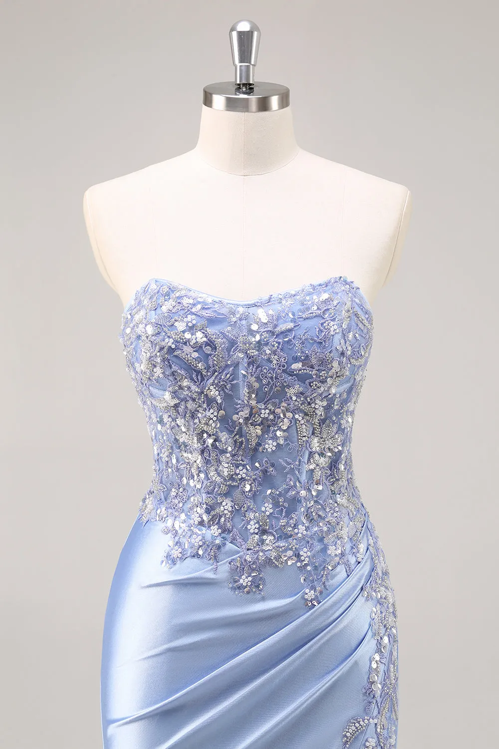 Sparkly Blue Mermaid Corset Satin Long Prom Dress with Slit sold by Zapaka product image thumbnail 4