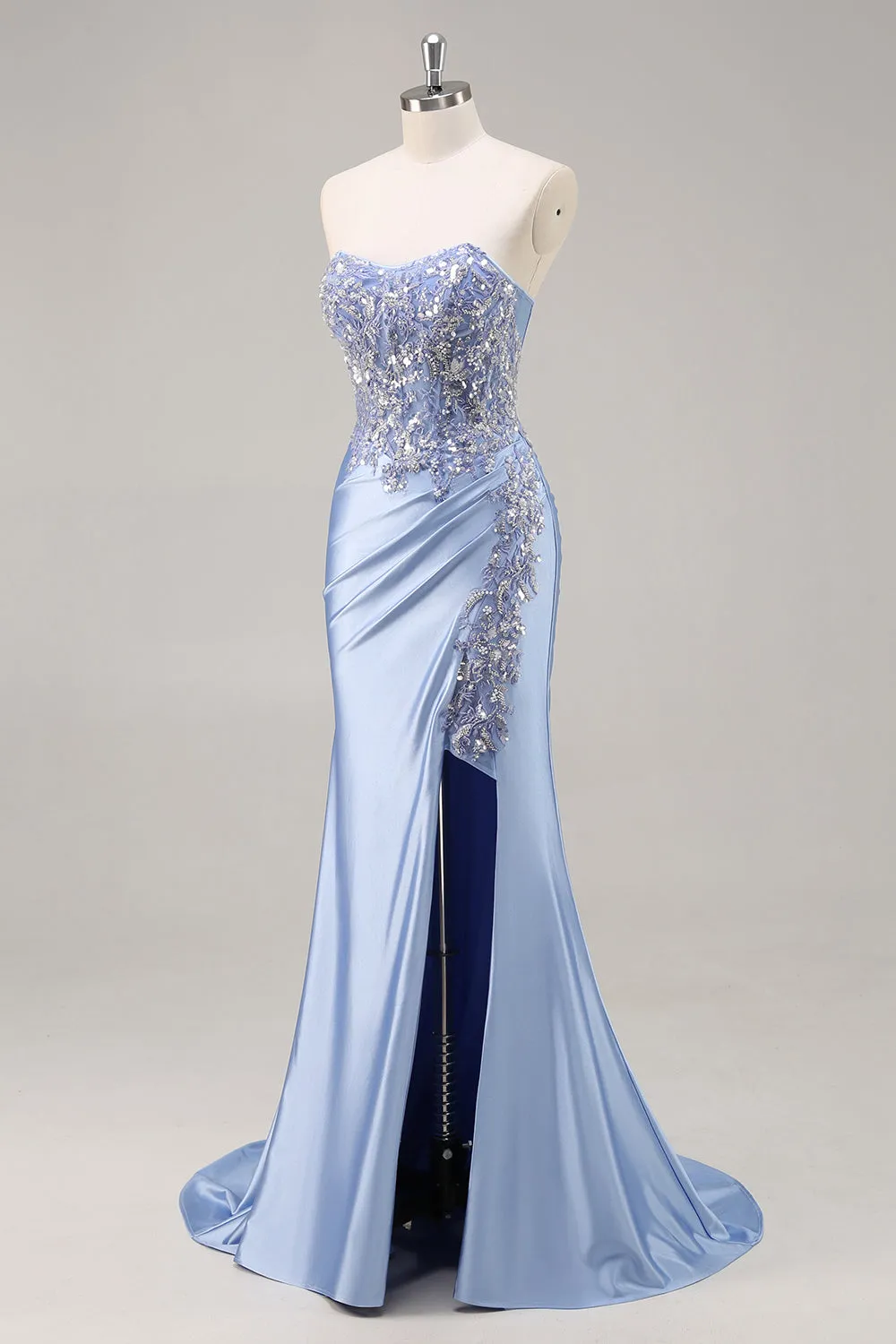 Sparkly Blue Mermaid Corset Satin Long Prom Dress with Slit sold by Zapaka product image thumbnail 3