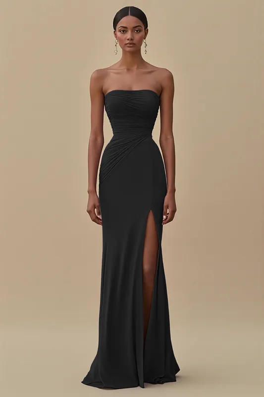 Black Strapless Ruched Long Formal Dress with Slit sold by Zapaka