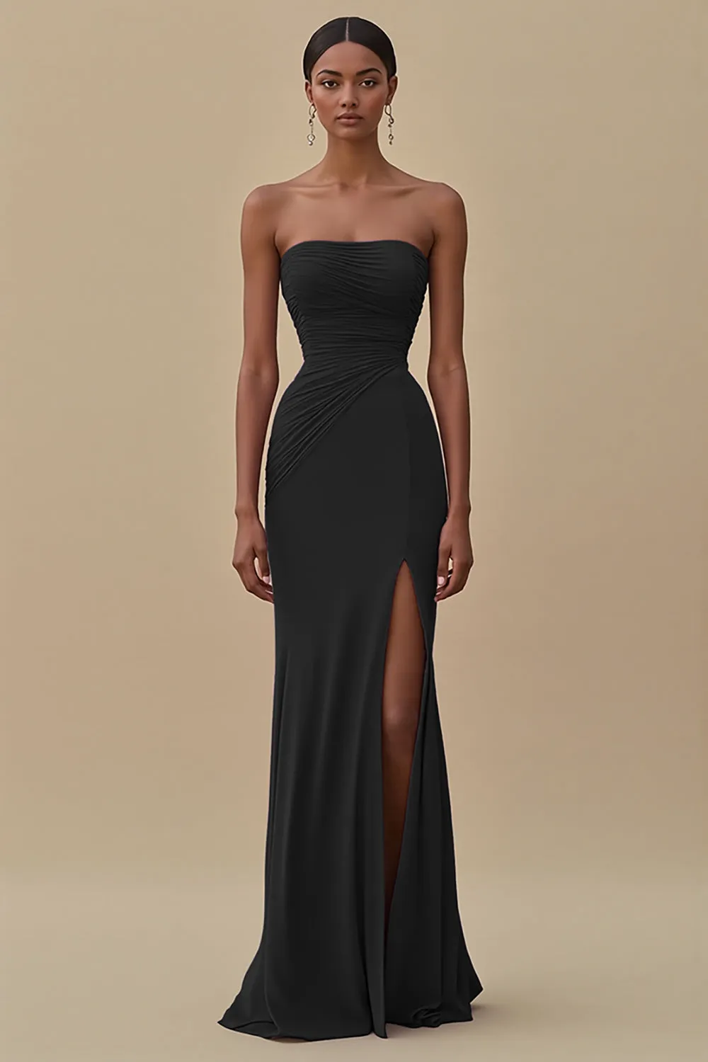 Black Strapless Ruched Long Formal Dress with Slit sold by Zapaka