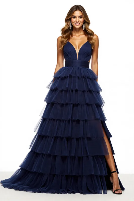 A Line Navy Tiered Tulle Prom Dress With Slit sold by Zapaka