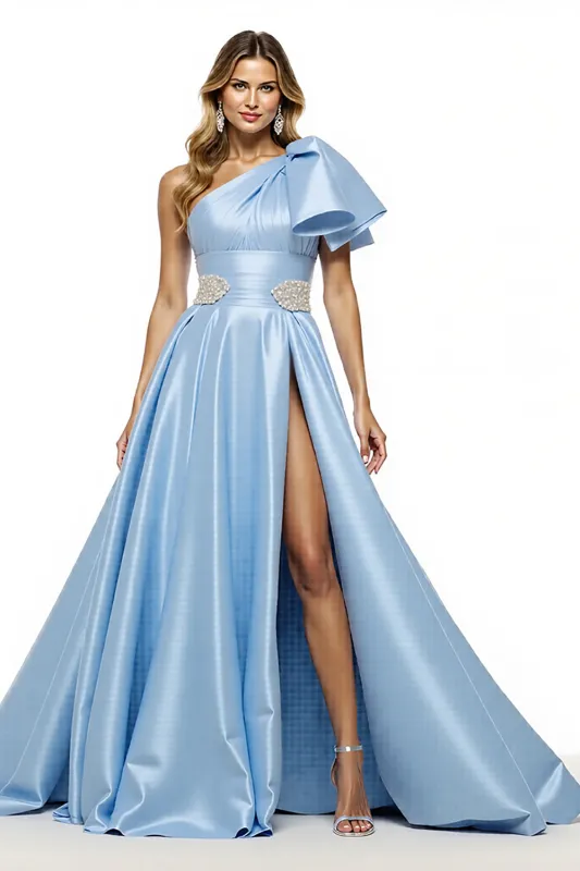 One Shoulder Beaded Blue Prom Dress With Slit sold by Zapaka