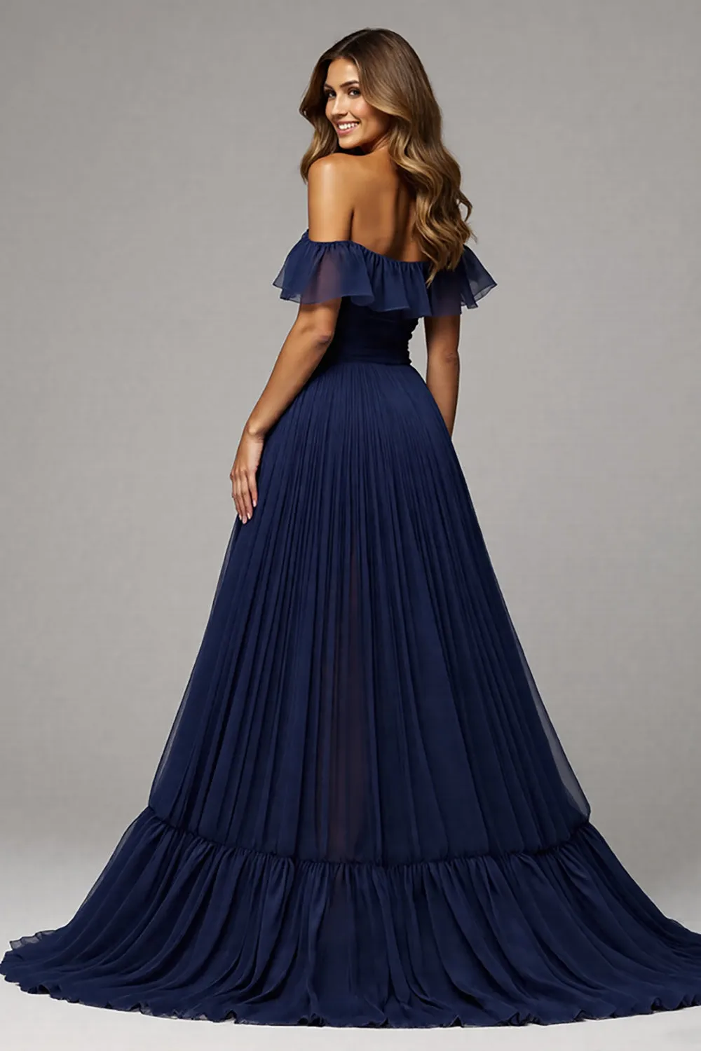 Off The Shoulder A Line Long Navy Prom Dress With Slit sold by Zapaka product image thumbnail 2