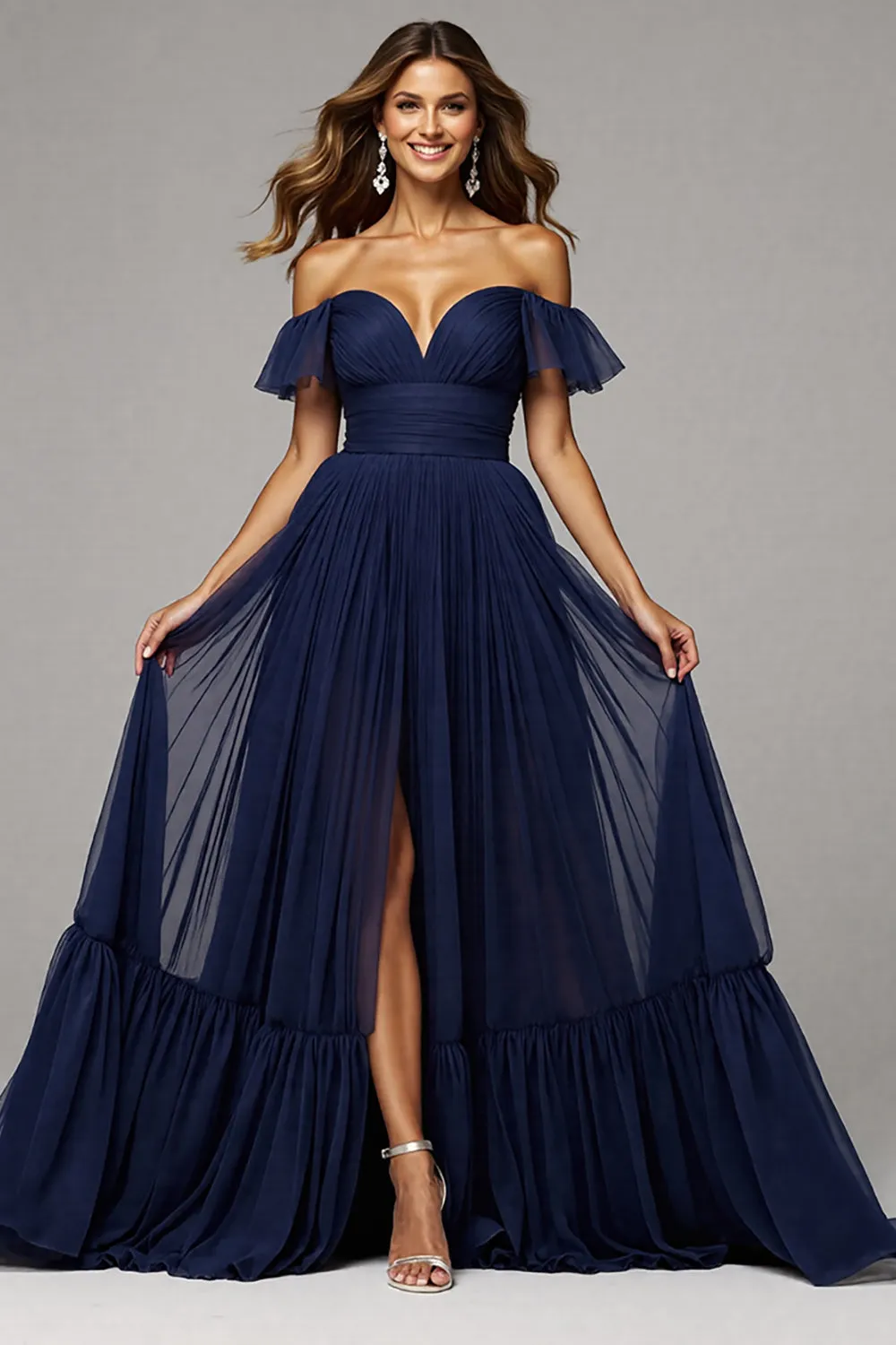 Off The Shoulder A Line Long Navy Prom Dress With Slit sold by Zapaka