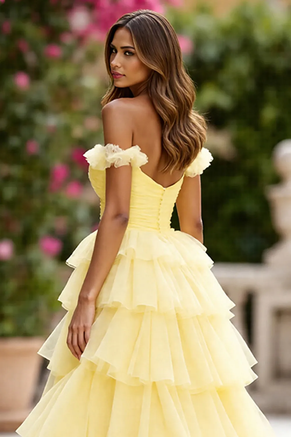 Yellow Off The Shoulder Tiered Long Prom Dress With Slit sold by Zapaka product image thumbnail 4