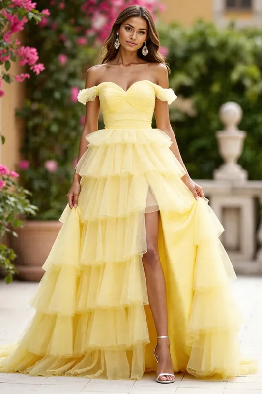 Yellow Off The Shoulder Tiered Long Prom Dress With Slit sold by Zapaka