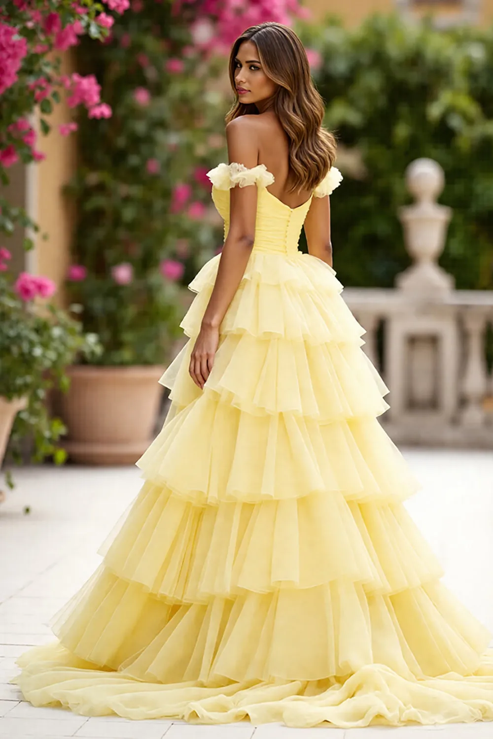 Yellow Off The Shoulder Tiered Long Prom Dress With Slit sold by Zapaka product image thumbnail 2