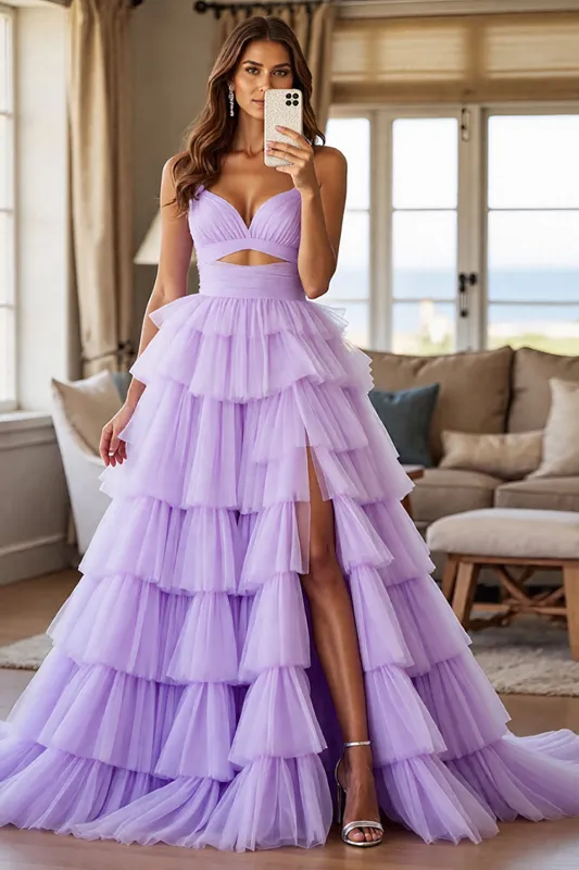 Purple A Line Tiered Tulle Prom Dress With Slit sold by Zapaka
