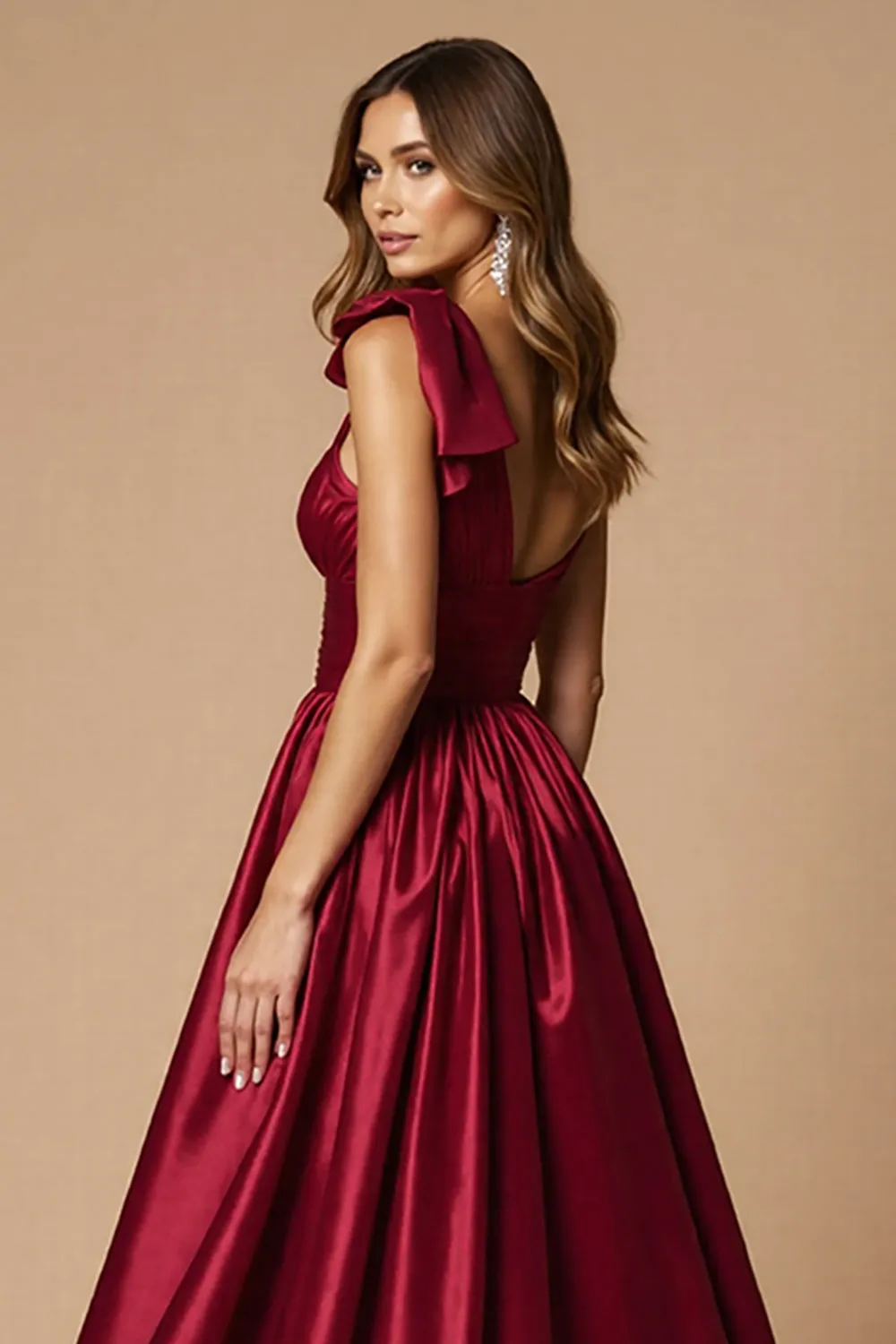 One Shoulder Burgundy A Line Long Prom Dress With Slit sold by Zapaka product image thumbnail 4