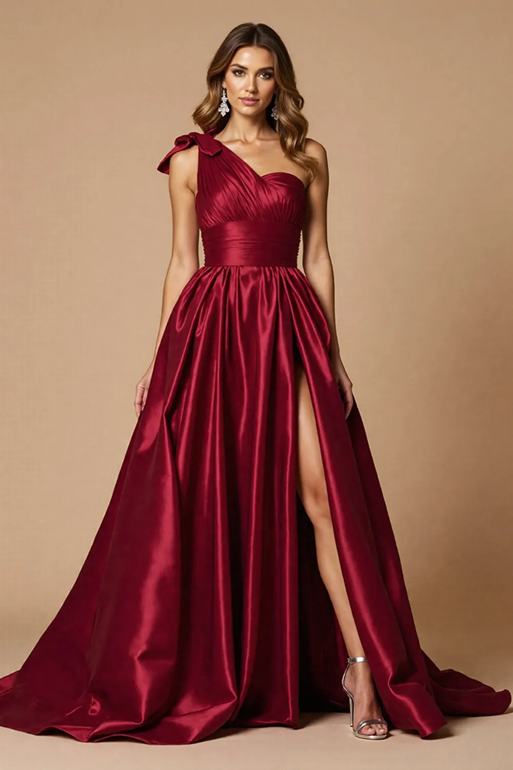 One Shoulder Burgundy A Line Long Prom Dress With Slit sold by Zapaka