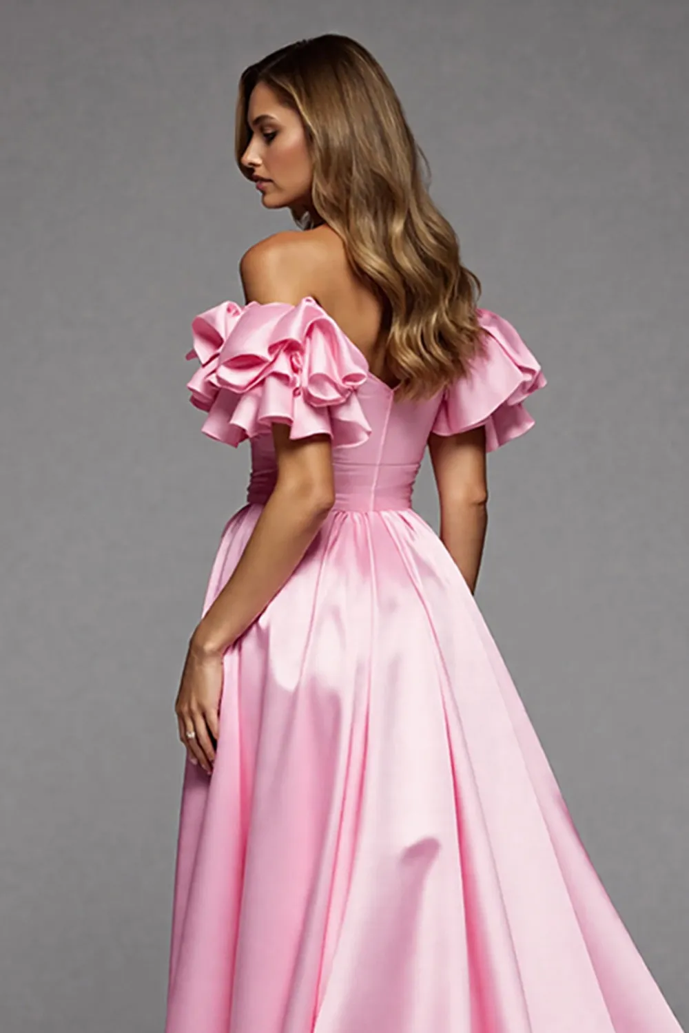 Off The Shoulder Pink A Line Prom Dress With Slit sold by Zapaka product image thumbnail 4