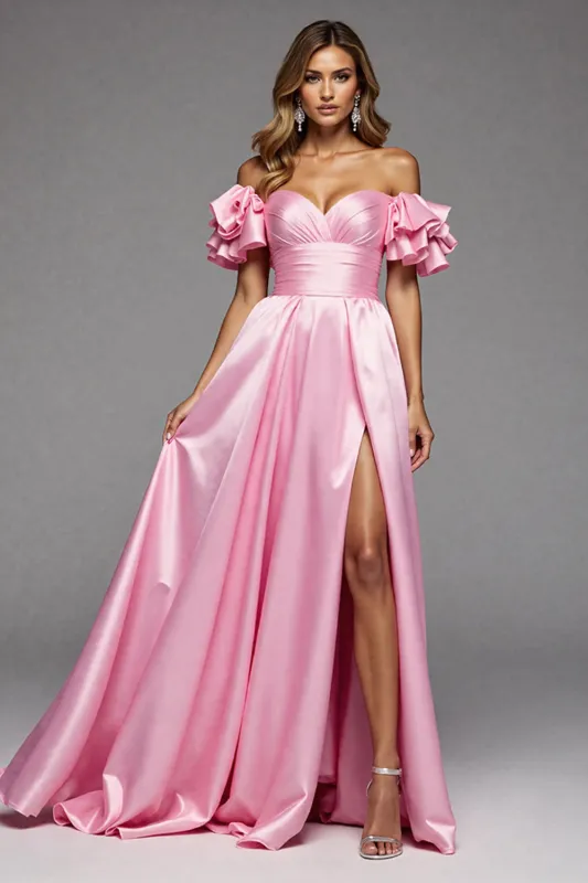 Off The Shoulder Pink A Line Prom Dress With Slit sold by Zapaka