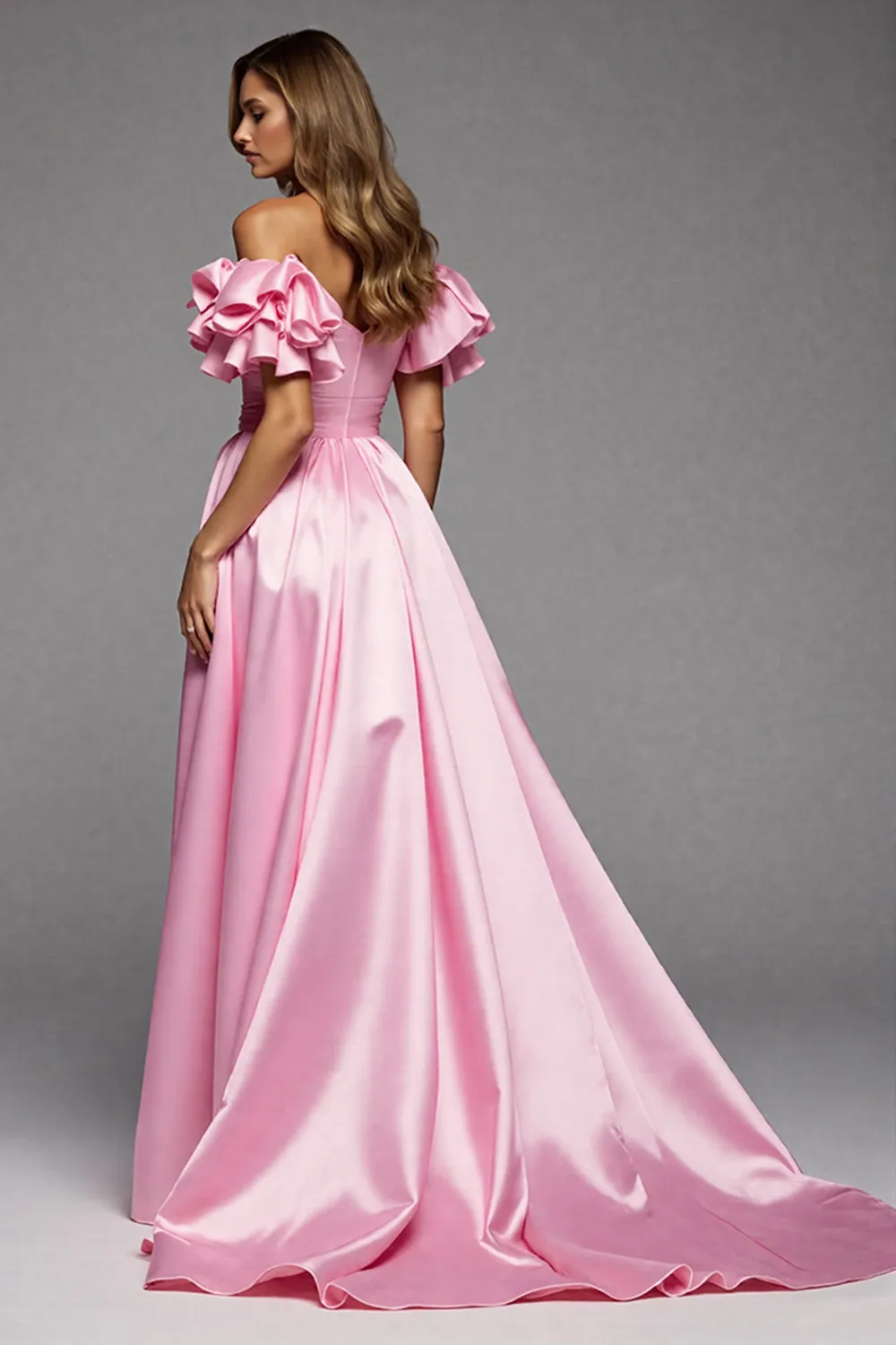 Off The Shoulder Pink A Line Prom Dress With Slit sold by Zapaka product image thumbnail 2