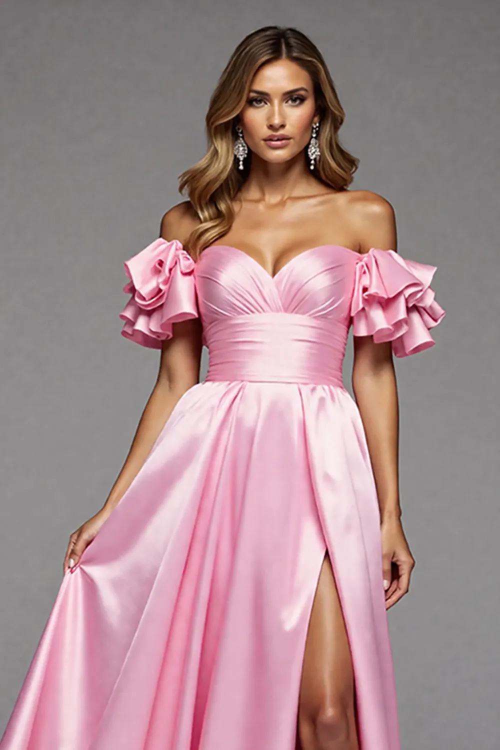 Off The Shoulder Pink A Line Prom Dress With Slit sold by Zapaka product image thumbnail 3