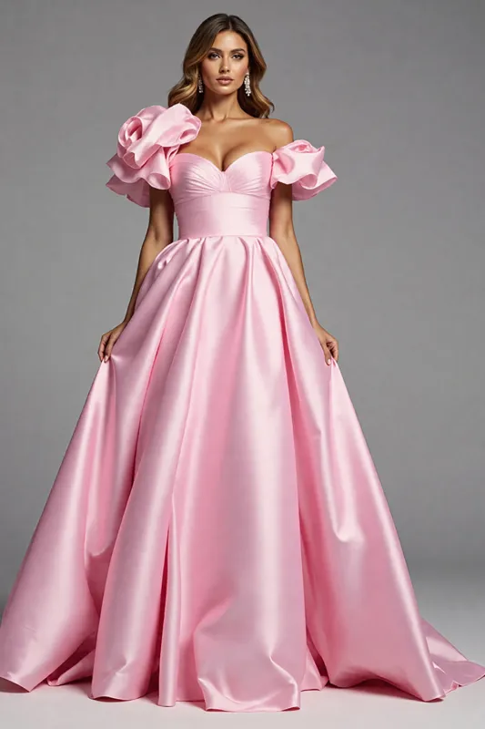 Pink Sweetheart Ruffled A Line Prom Dress With 3D Flower sold by Zapaka