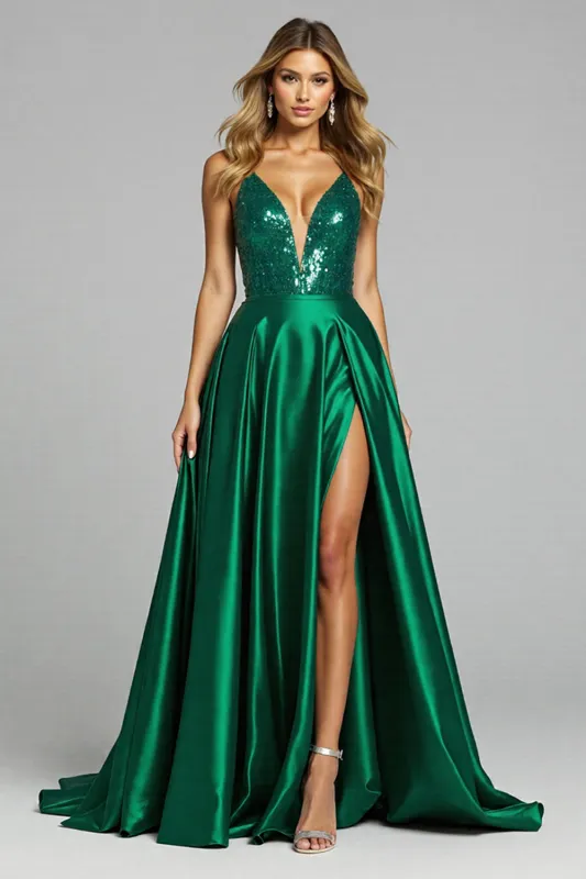 A Line Sequined V Neck Long Prom Dress With Slit sold by Zapaka