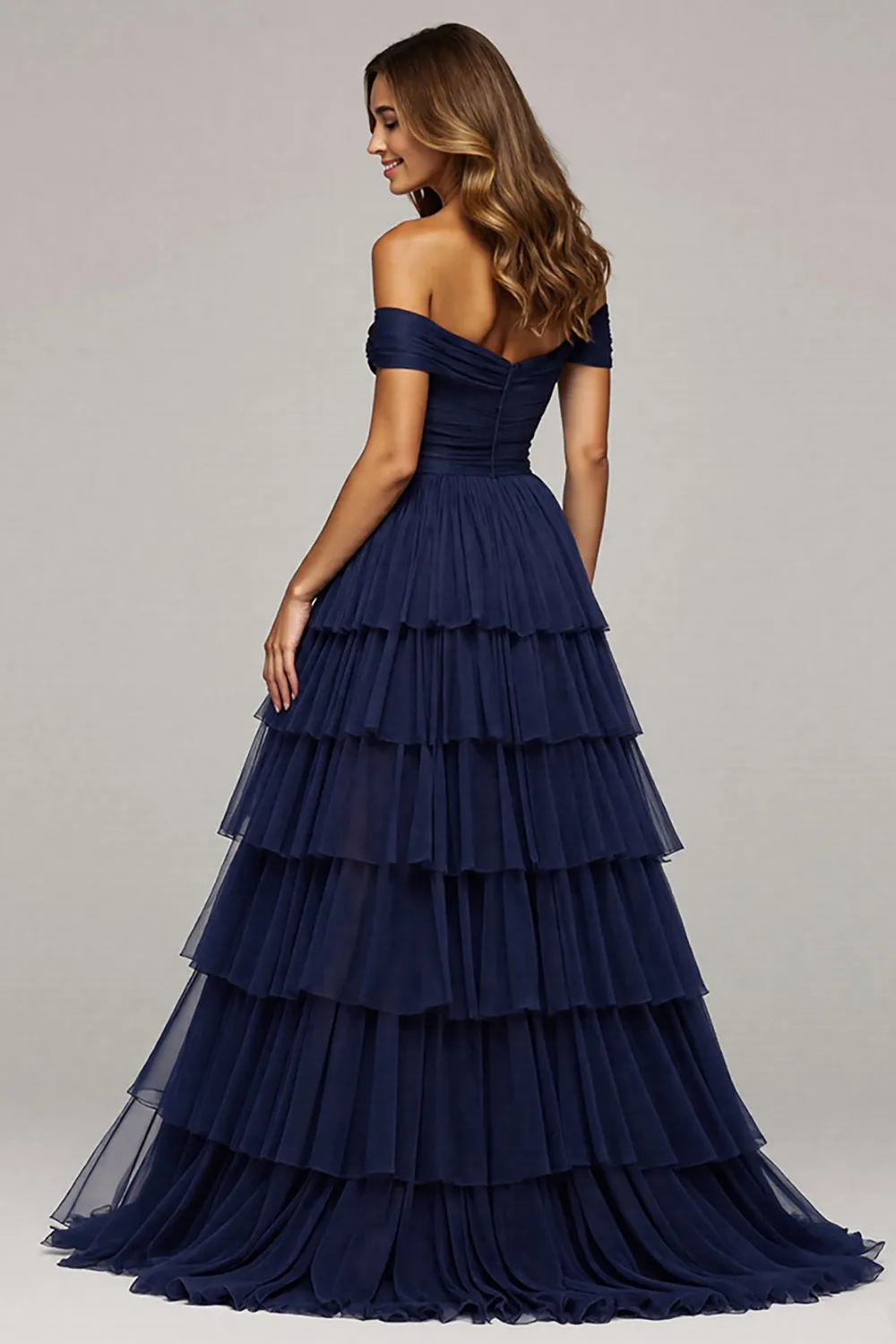 Navy Off The Shoulder Tiered Long Prom Dress With Slit sold by Zapaka product image thumbnail 2