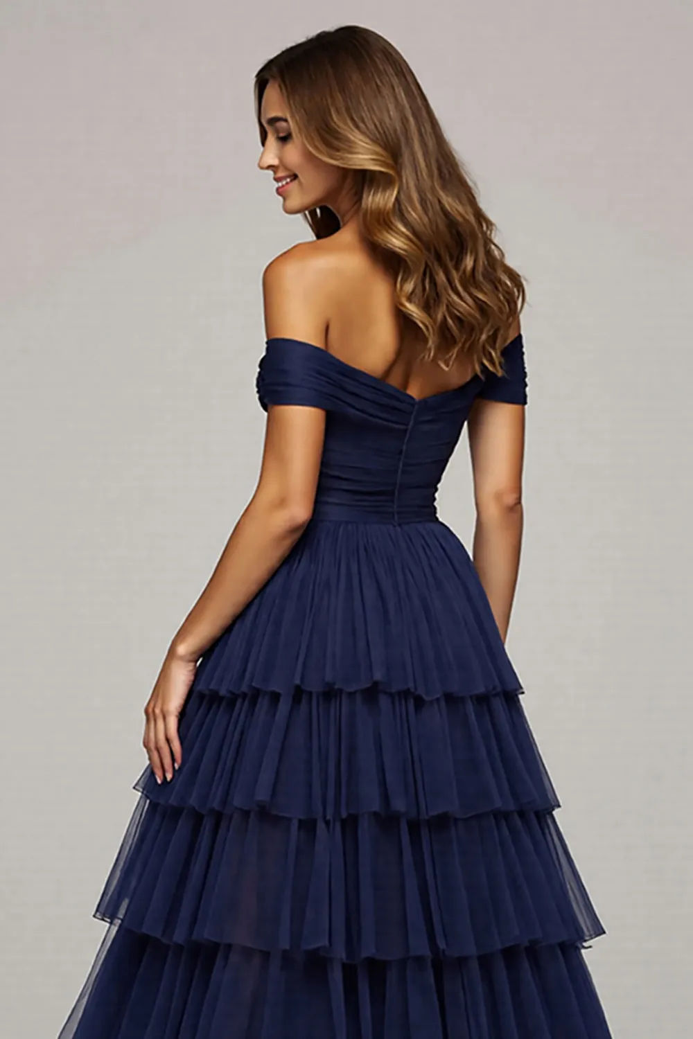 Navy Off The Shoulder Tiered Long Prom Dress With Slit sold by Zapaka product image thumbnail 4