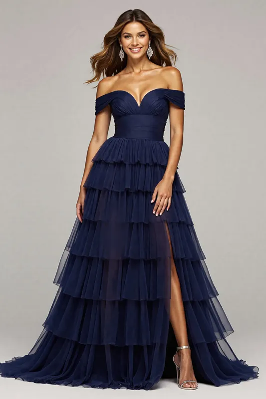 Navy Off The Shoulder Tiered Long Prom Dress With Slit sold by Zapaka