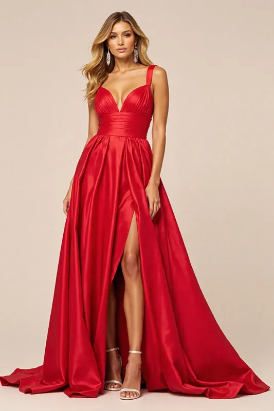 Red A Line Spaghetti Straps Prom Dress With Slit sold by Zapaka