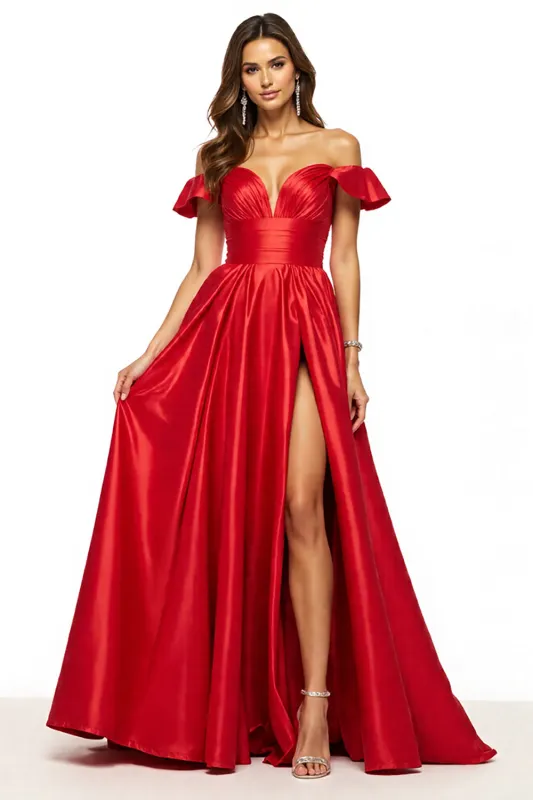 Off The Shoulder A Line Red Prom Dress With Slit sold by Zapaka