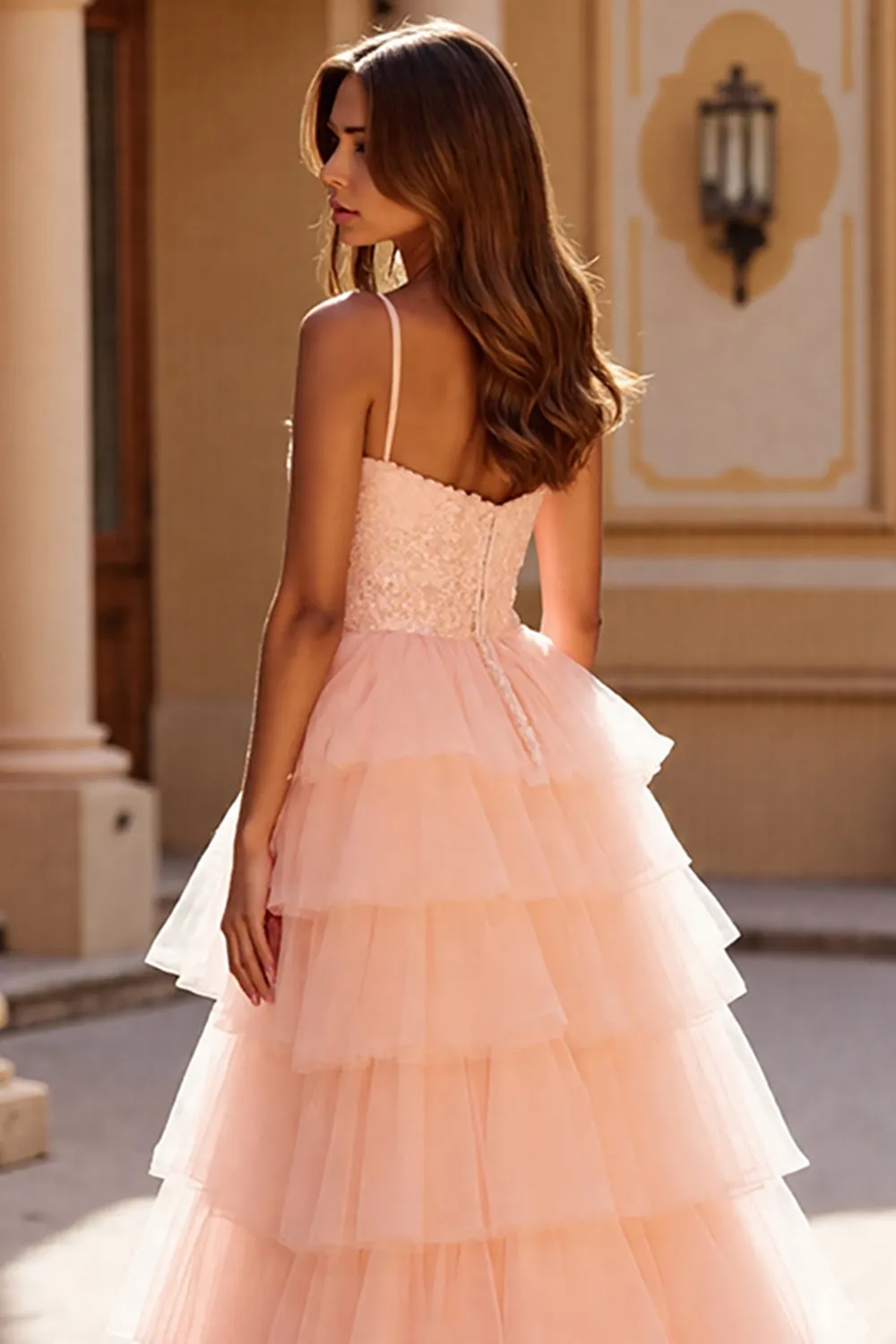 Blush Tulle Tiered Long Prom Dress with Appliques sold by Zapaka product image thumbnail 4