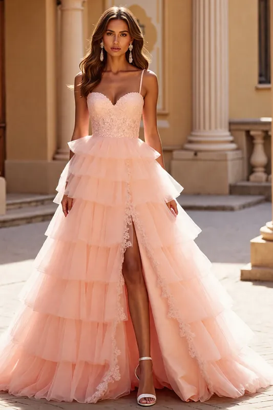 Blush Tulle Tiered Long Prom Dress with Appliques sold by Zapaka
