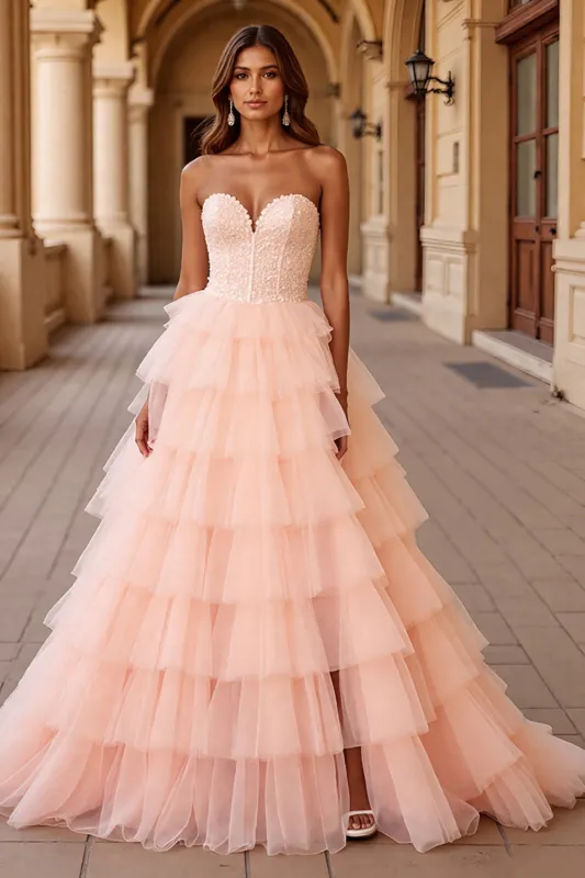 Blush A Line Tulle Prom Dress with Ruffles sold by Zapaka