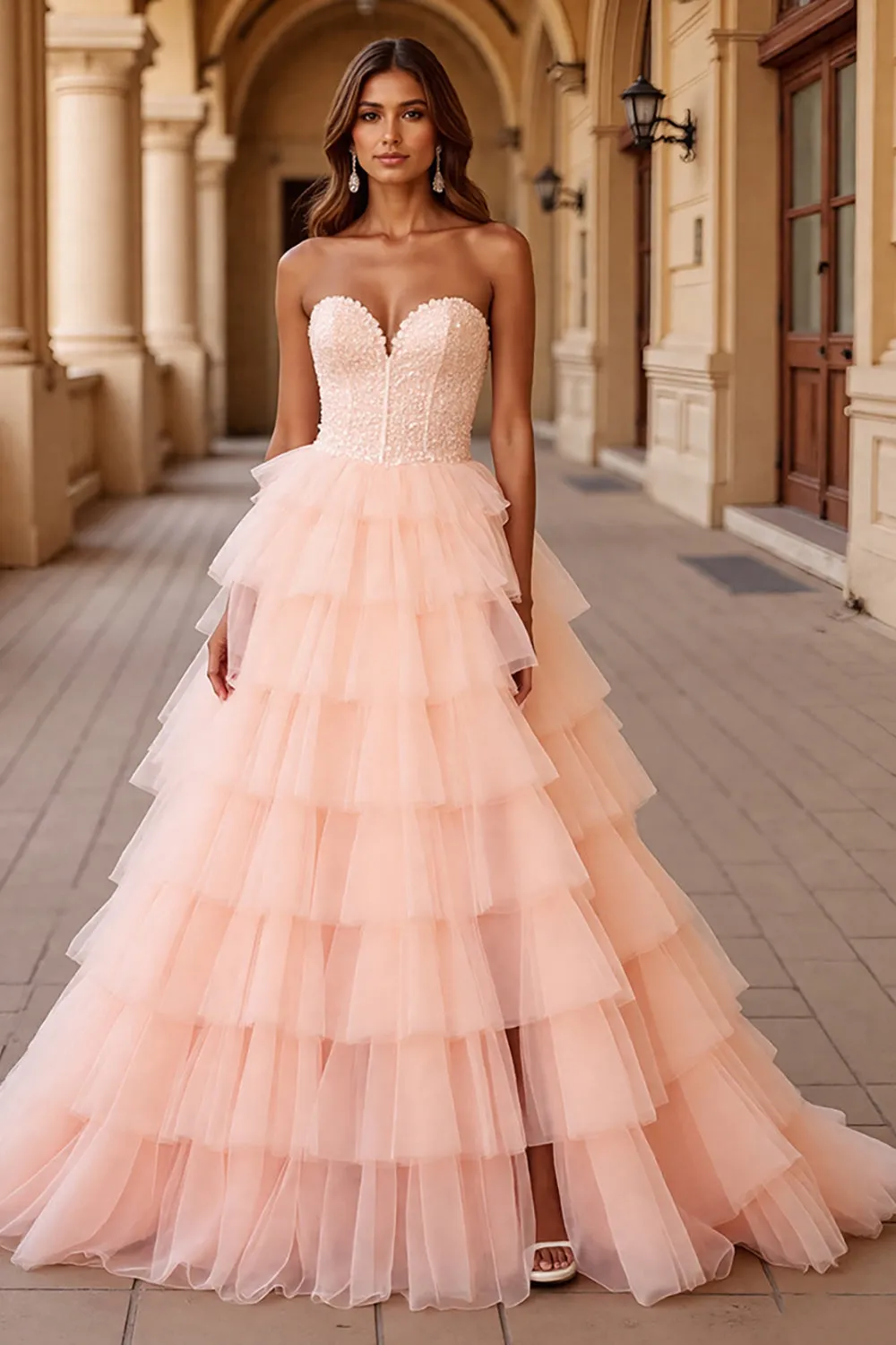 Blush A Line Tulle Prom Dress with Ruffles sold by Zapaka