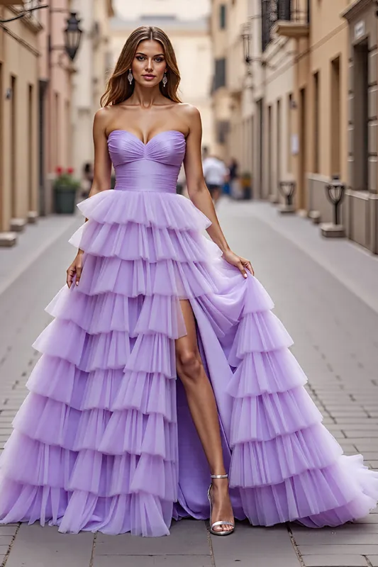 Purple Tulle A Line Prom Dress with Ruffles sold by Zapaka