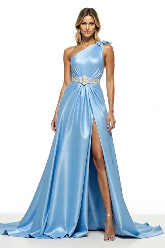 Sparkly Blue Satin Long Prom Dress with Slit sold by Zapaka
