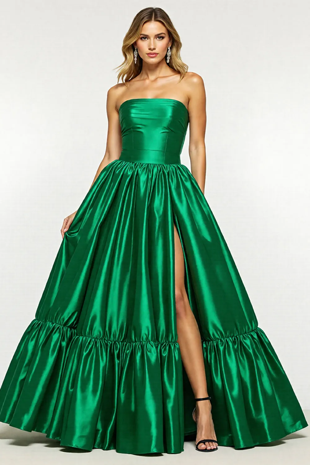 Dark Green A Line Satin Prom Dress with Slit sold by Zapaka