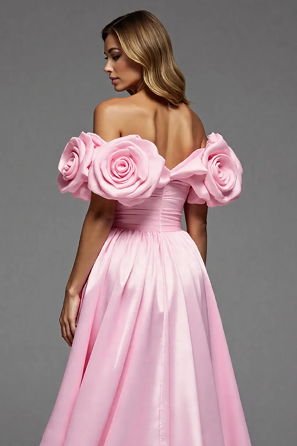 Pink Satin Floral A Line Long Prom Dress with Slit sold by Zapaka product image thumbnail 4