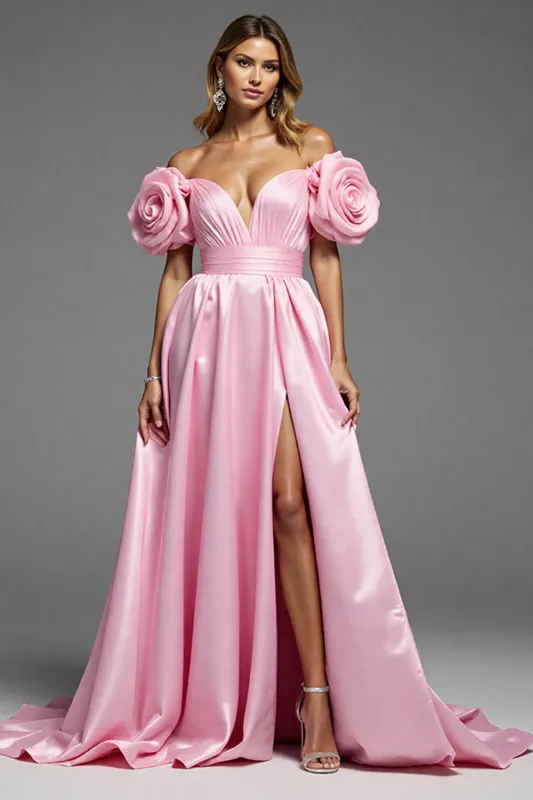 Pink Satin Floral A Line Long Prom Dress with Slit sold by Zapaka