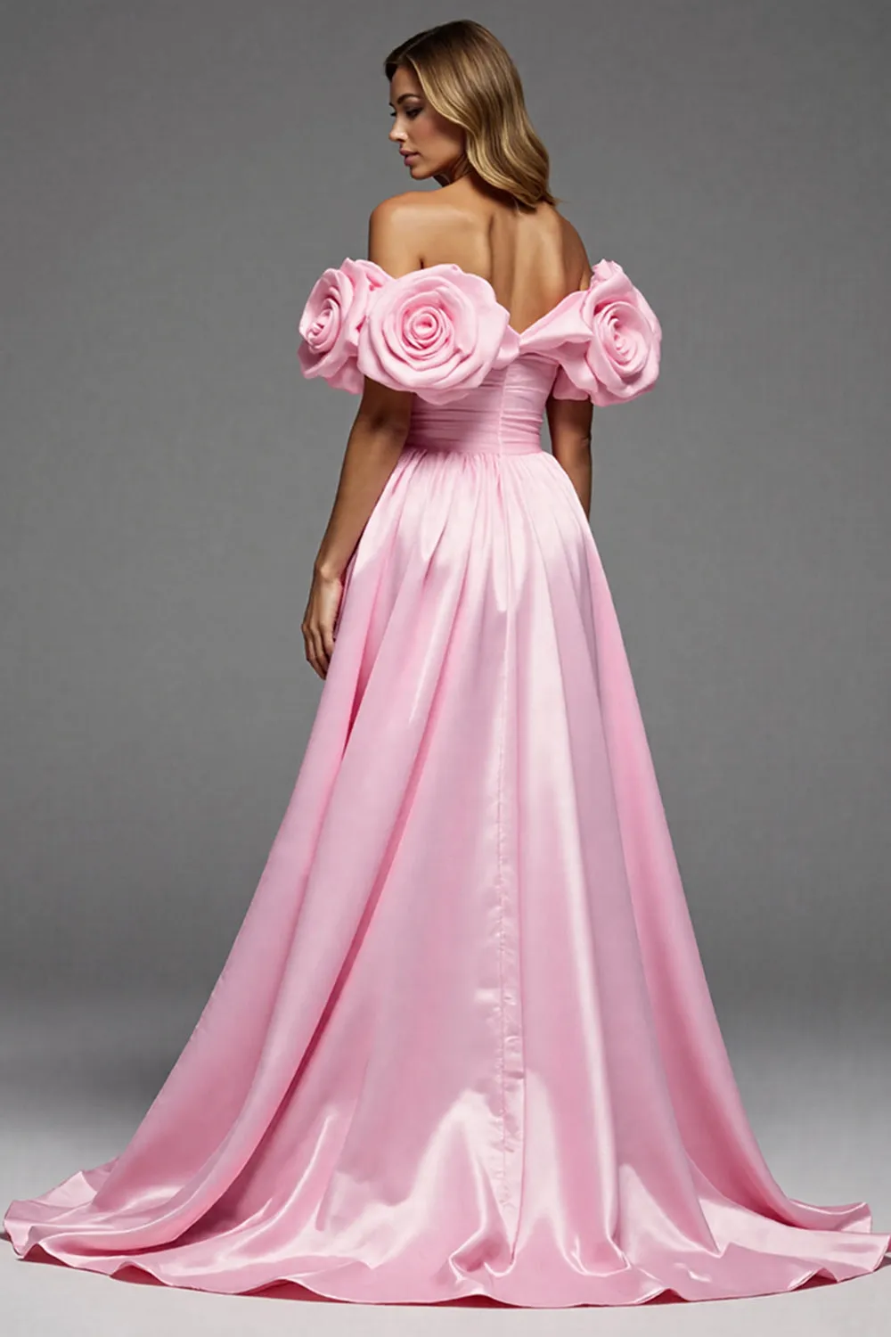 Pink Satin Floral A Line Long Prom Dress with Slit sold by Zapaka product image thumbnail 2